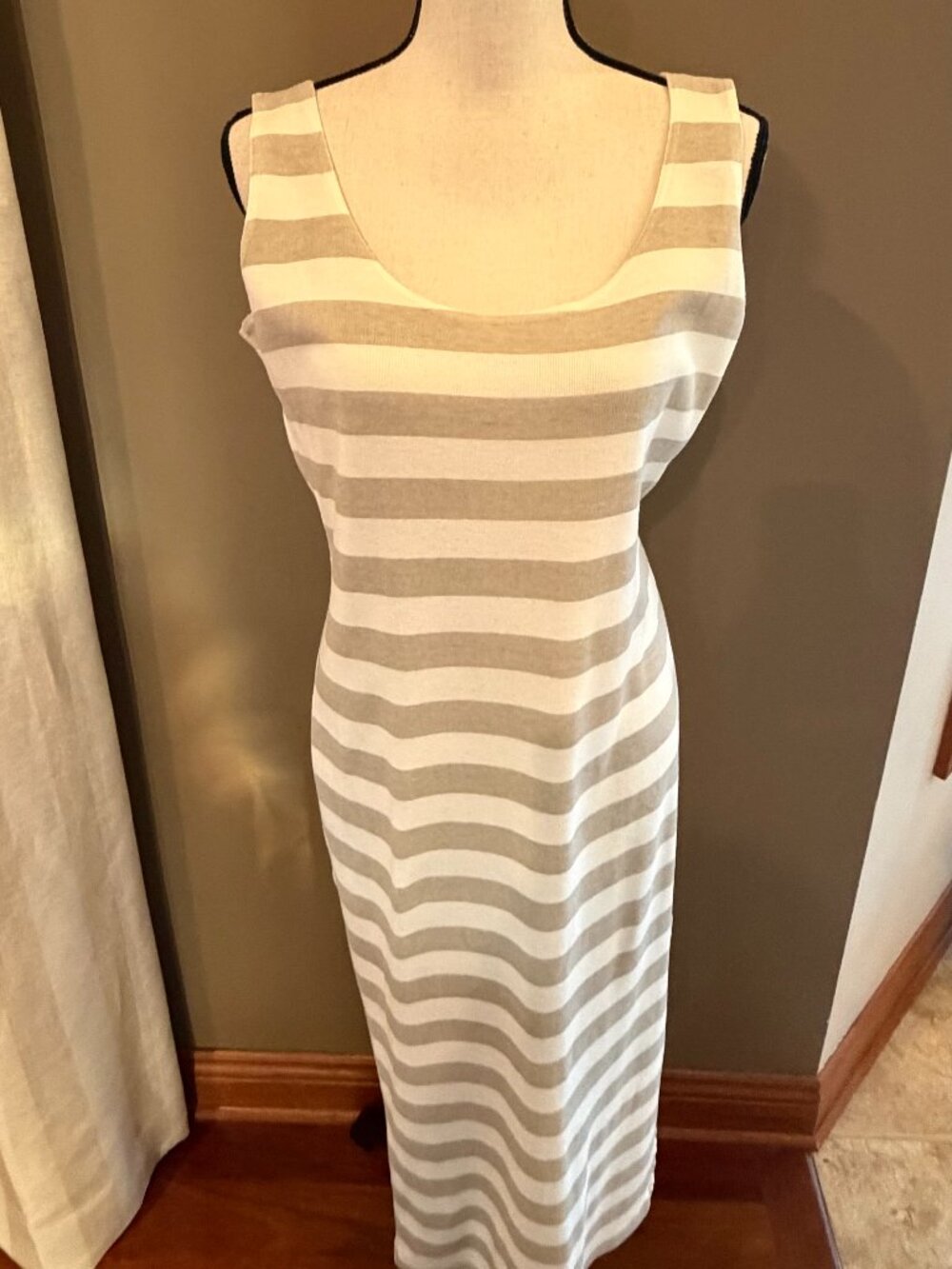 Vintage Express Tricot Tan & Ivory Striped Midi Sleeveless Dress, Size XS